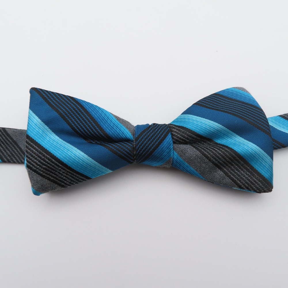 J Ferrar Bow Tie Polyester Blue Gray Striped 2" Wide Pre Tied - Picture 1 of 4